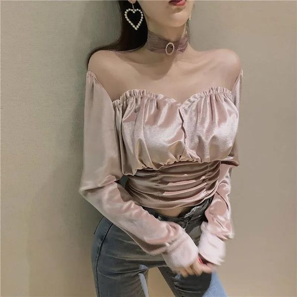 

2020 new see-through mesh stitching gold velvet slim slimming long-sleeved all-match bottoming shirt women pullover top, White