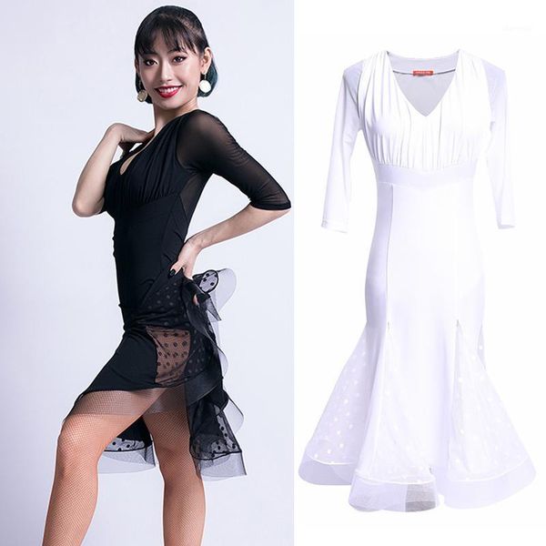 

2019 new latin dance dress women mesh v-neck salsa samba cha cha rumba practice wear ballroom samba salsa dance wear dl35821, Black;red
