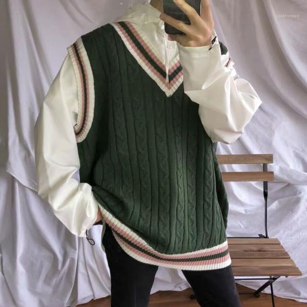

sweater vest men patchwork v-neck colorful sleeveless knitted mens waistcoats loose oversize harajuku all-match sweaters1, Black;white