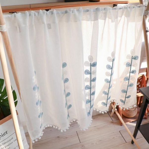 

curtain & drapes 1 pcs rod pocket short for kitchen blue white leaves embroidered ball tassel tulle half-curtain door corridor ad3091