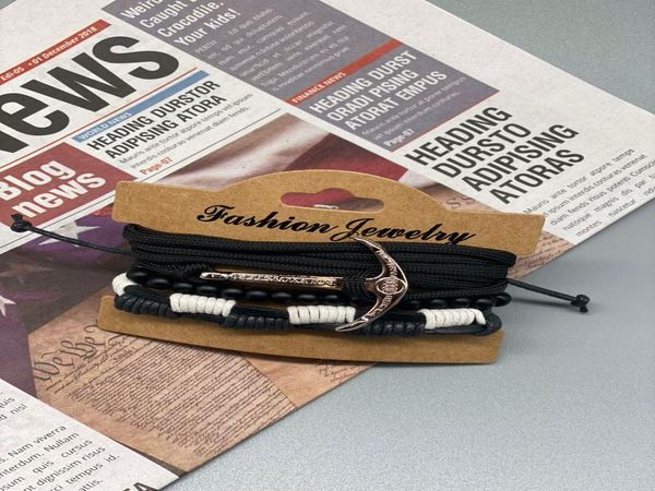 

junwei мужская якорь кожаный браслет черный бусы тканые ручной браслет из трех частей набор junwei мужское высококачественное дешевое продаж