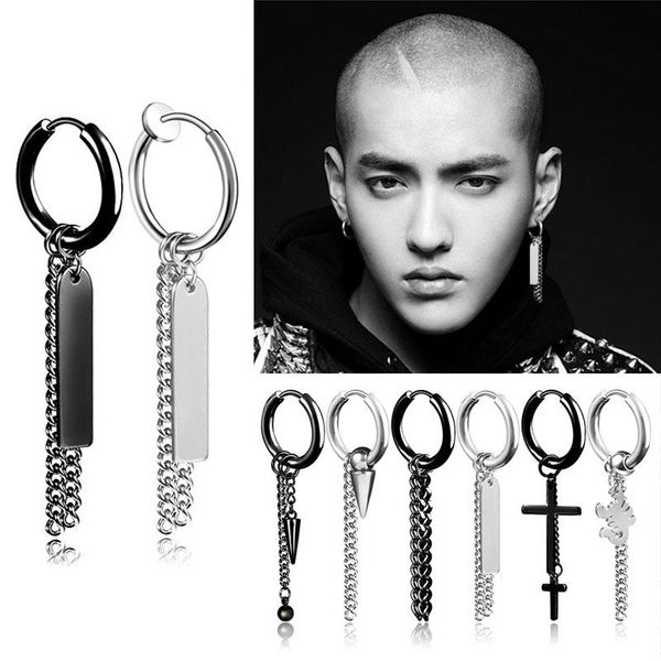 

dangle & chandelier rock titanium steel drop earring for men personality temperament earrings korean women long fringed chain fashion jewelr, Silver