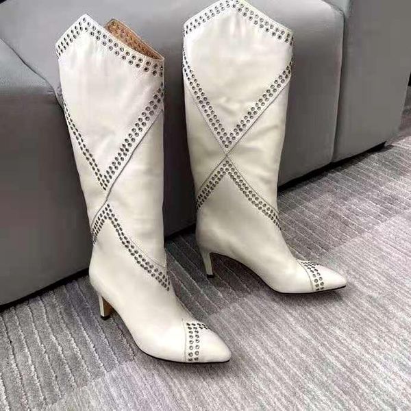 

boots women's shoes paris lahia eyelet embellished calf-high white genuine leather, Black
