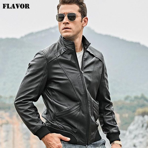 

flavor men's real leather jacket men lambskin motorcycle genuine nappa leather jacket with standing collar coat, Black