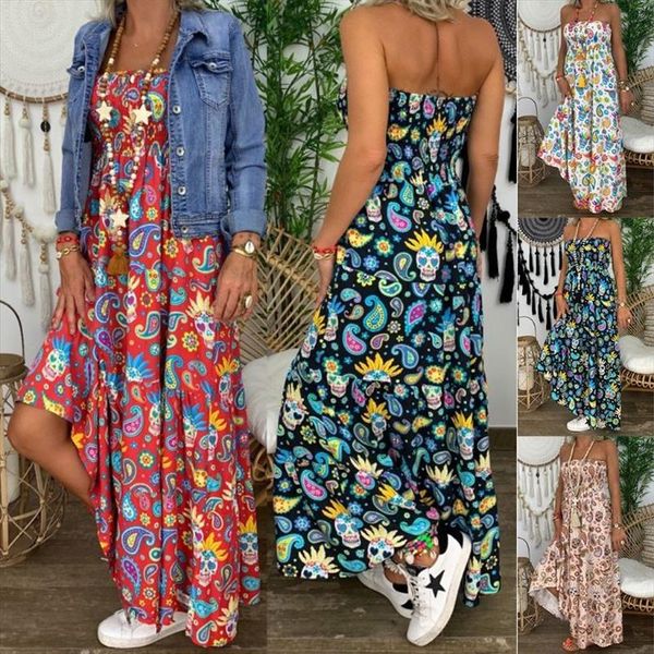 

2020 summer womens strapless bandeau long maxi dress floral print beach boho tube sundress sleeveless backless dresses fema, Black;gray
