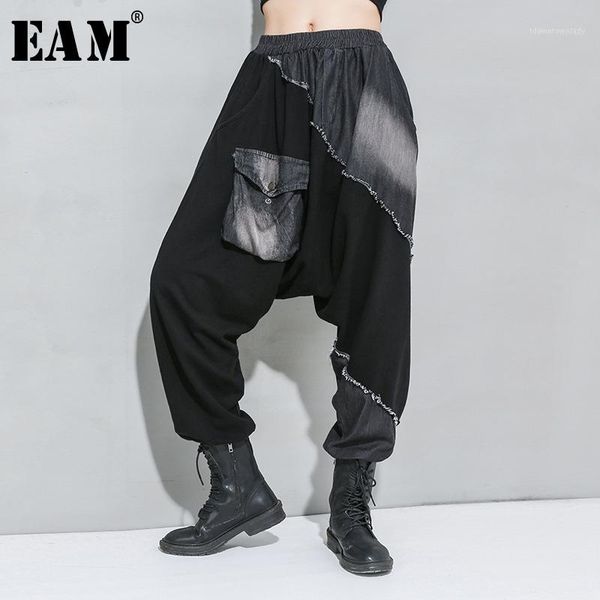 

women's pants & capris [eam] high elastic waist black denim stitch long harem trousers loose fit women fashion tide spring autumn 2021, Black;white