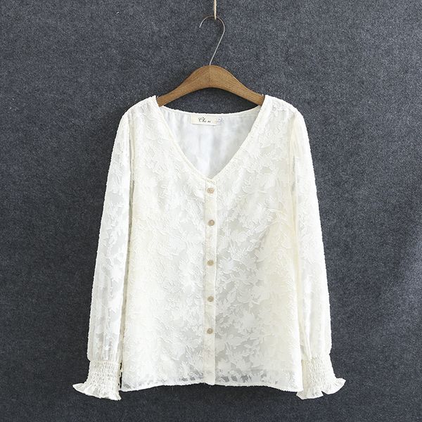 

female size plus long sleeve with cleavage v lace spring summer vintage floral embroidery elegant ladies officewear muslim t55g, White