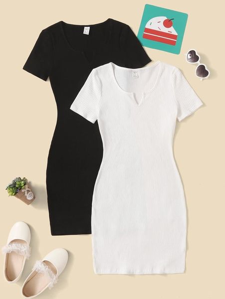 

teen girls 2pcs notched neck ribbed knit dress she, Red;yellow