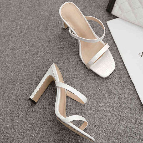 

slippers summer fashion narrow band heels outdoor casual white black square toe women slides party shoes 220309