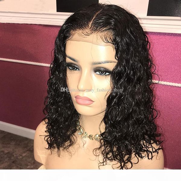 

deep water wave short bob curly 5*5'' silk lace front human hair wig 13x6 t part lace front wig, Black;brown
