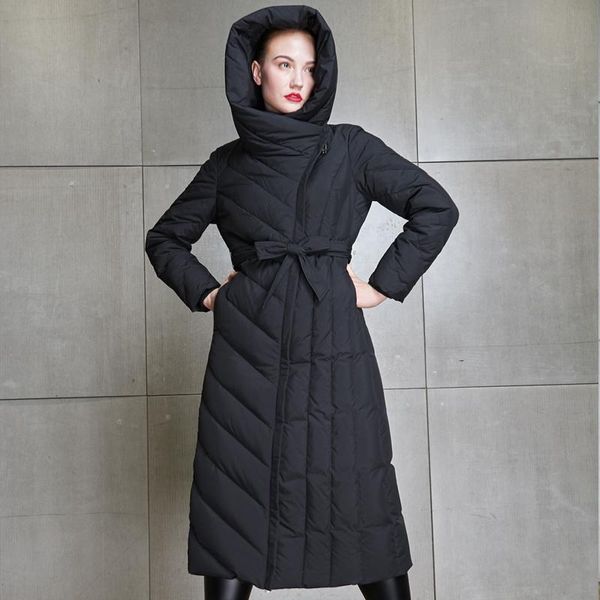 

ynzzu 2020 new winter jackets women elegant solid long slim duck down jacket thicken hooded female snow overcoat plus size o568, Black