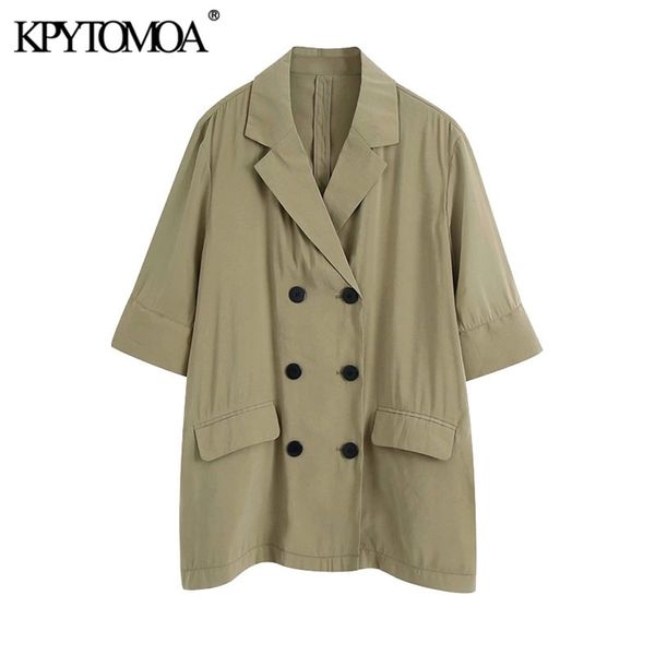 

kpytomoa women 2020 fashion double breasted loose fitting blazer coat vintage short sleeve pockets female outerwear chic lj201212, White;black