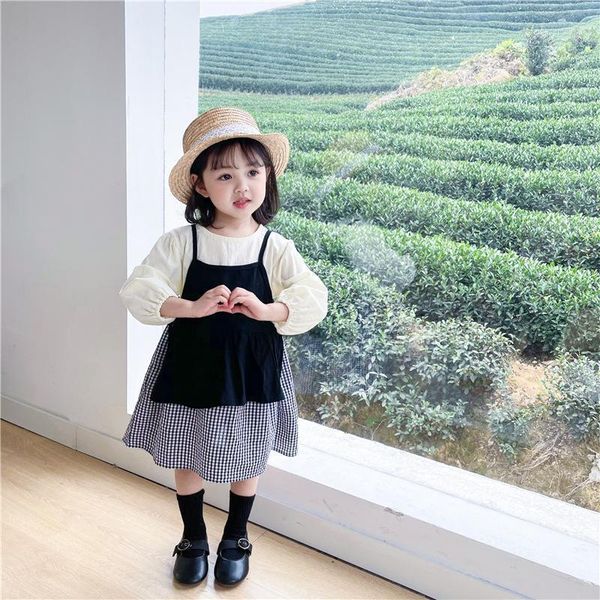 

girl's dresses 2021 spring girls long sleeve plaid dress and vest suit1, Red;yellow