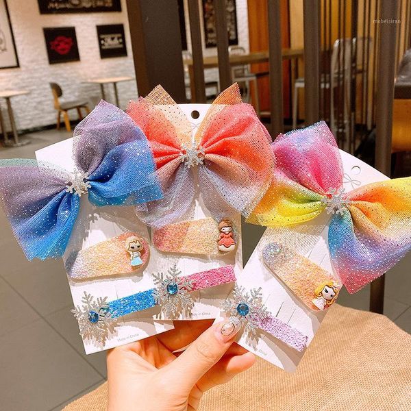 

oaoleer 3pcs/set rainbow hairpins cute cartoon glitter bows organza snowflake diamond clip princess hair accessories set1, Slivery;white