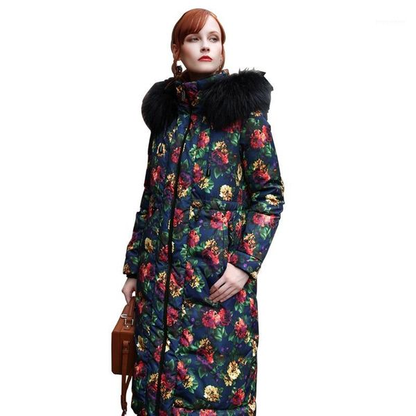 

2019 new arrival female winter thick coat women's down jacket hooded fashion raccoon fur collar flower color jackets long coats1, Black