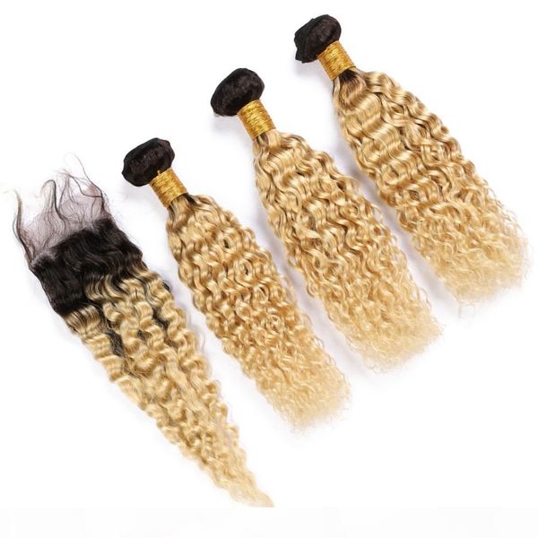 

#1b 613 blonde ombre peruvian wet and wavy human hair 3bundles with closure water wave two tone ombre lace closure 4x4 with weaves, Black