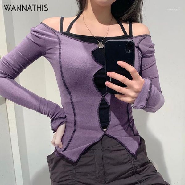 

wannathis purple women shirt long sleeve split hollow out hole slit hem autumn streetwear slim cotton cropped ladies casual, White