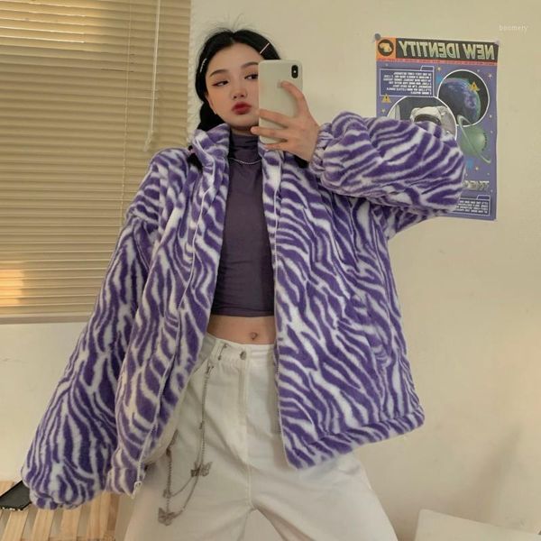 

winter warm thick jacket women zebra striped stand collar zipper outwear lady loose faux fur lamb plush coat1, Black