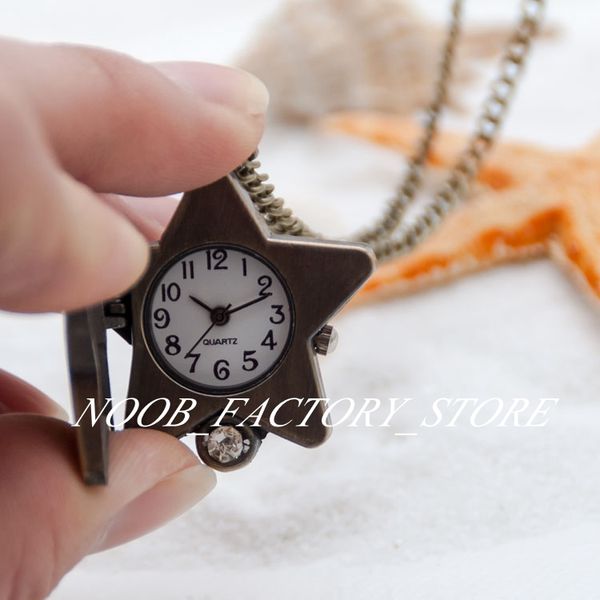 Neue Quarz Vintage Glücksstern Glück Taschenuhr Halskette Vintage-Schmuck Großhandel Pullover Kette Mode Kupfer Farbe Stahl Lünette