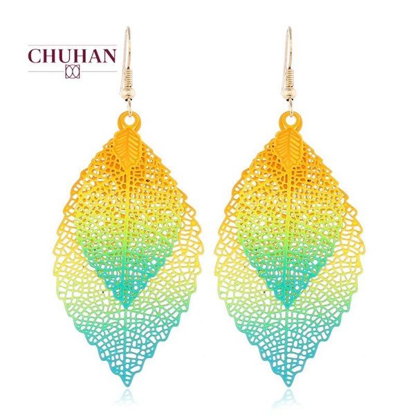 

stud chuhan simple retro color metal leaf earrings jewelry gift fashion women large double tassel j574, Golden;silver