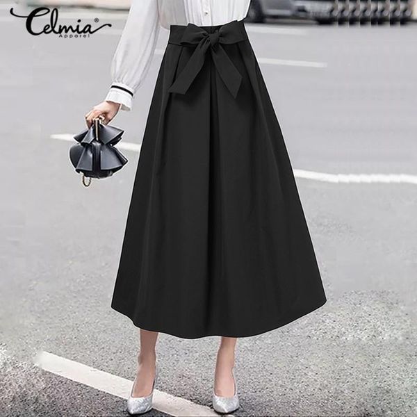 

celmia oversized fashion bandage skirts women casual high waist a-line bow midi skirt pleated solid elegant office lady skirts, Black