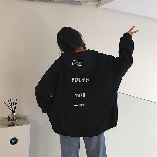 

2020 осень зима ватки письмо harajuku печать пуловер толстые сыпучие женщины толстовки толстовка женщины повседневная coat, Black