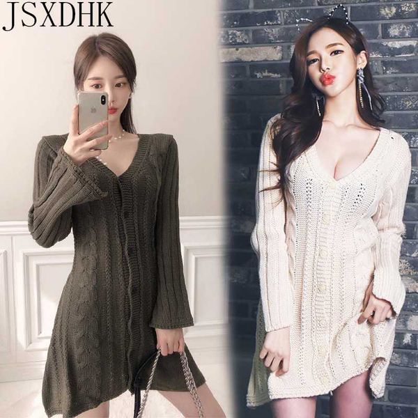 

jsxdhk vintage korean women knit sweater dress 2020 new autumn single-breasted deep v-neck casual mini dresses femme vestid, Black;gray