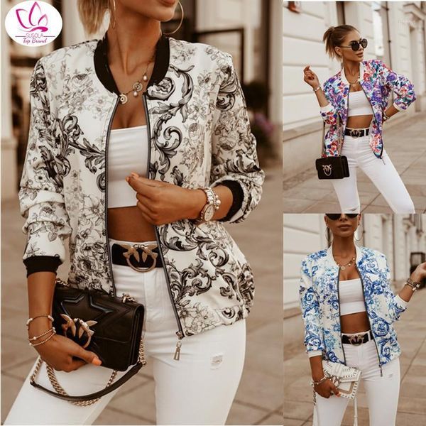

women's jackets flower print long sleeve women's bomber jacket fashion zipper up vintage coat elegant slim basic ladies jackets1, Black;brown