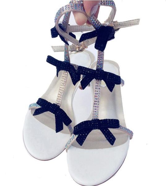 

summer rhinestone t-straps ladies ankle buckle sandals luxury crystal bow women sandals 6cm med heel female dress shoes, Black