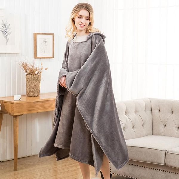 

winter women coral fleece warm tv blanket with pocket wfh blanket flannel plush pullover cloack lazy people home wearing cape
