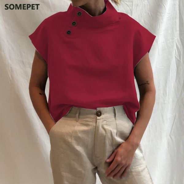 

somepet women solid stand neck button cotton shirt summer short sleeve blouse casual female tunic plus size 5xl, White