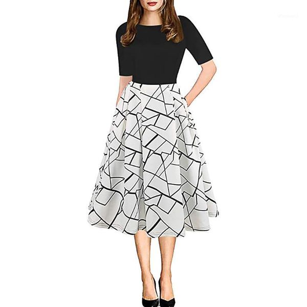 

casual summer dress womens vintage patchwork pockets puffy swing print casual party dress vestidos verano1, Black;gray