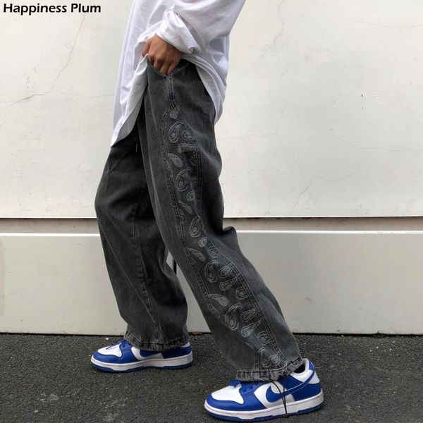 

american classic vintage high-waisted jeans with cashew flower, Blue