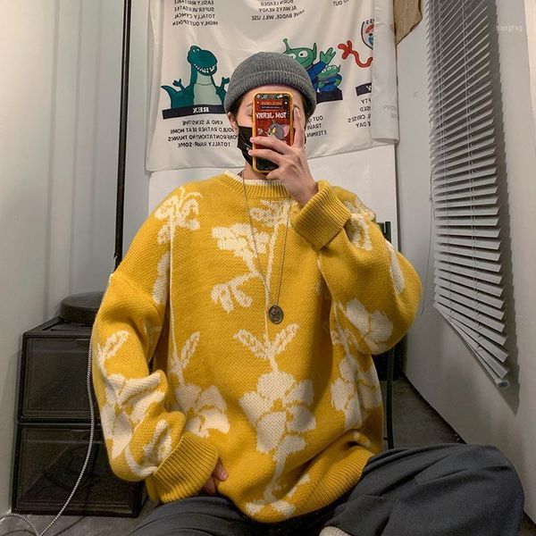 

winter flower sweater men's warm fashion o-neck knit pullover man streetwear wild loose long sleeve sweater male clothes -2xl1, White;black