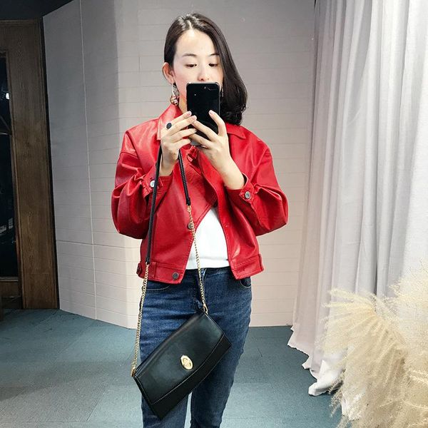 

fashion loose fit faux leather jacket women turn down collar single breasted leather coat outerwear new 2020 autumn winter, Black