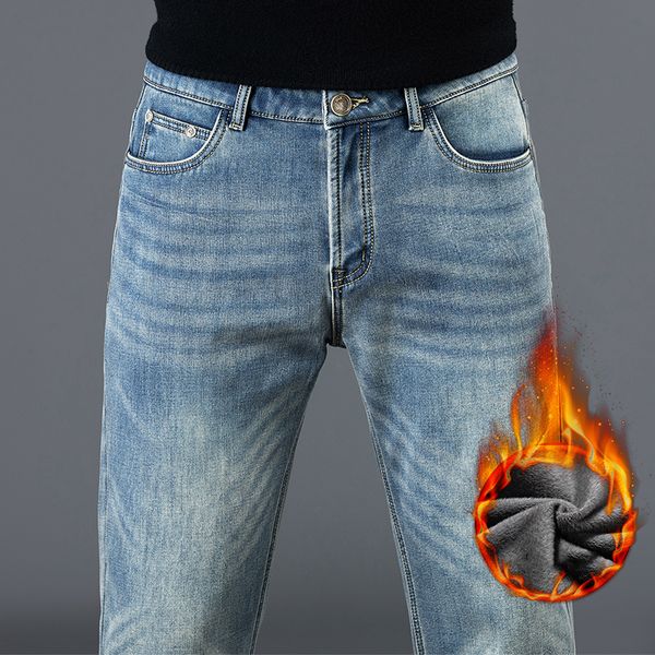 

men's fitted straight slim winter jeans brand clothing retro style fleece thick and comfortable warm cotton stretch denim jeans q1216, Blue