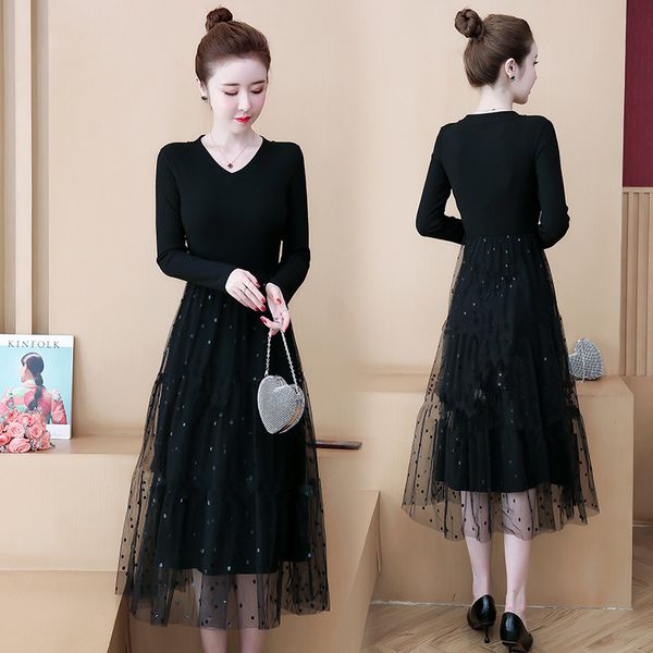

autumn and winter women's wear, long sleeve long sleeve dress, collar v, korean short skirt, tight bottom skirt, 2020, Black;gray