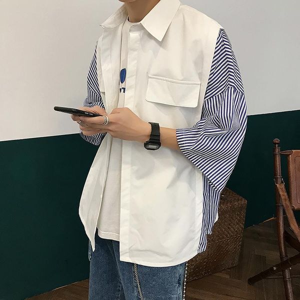 

2020 summer men's youth stripe printing split joint black color shirt hip hop style loose fashion trend white shirt size -xl, White;black