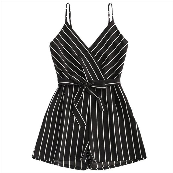 

playsuits women summer 2020 v neck sleeveless strappy short playsuits striped cami belt casual romper ladies jumpsuits overalls, Black;white