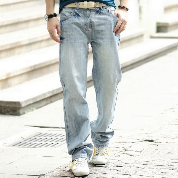 

large size loose straight men's jeans casual hip-hop denim light blue wide-leg pants, Black