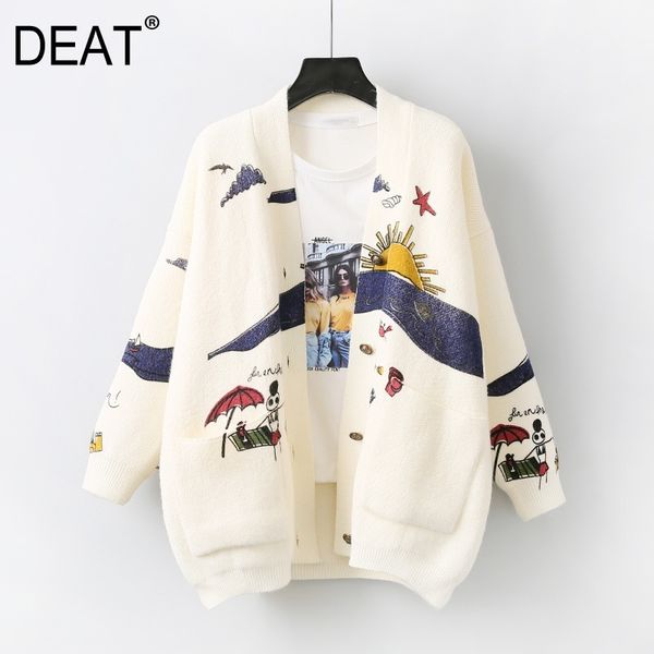 

[deat] female cardigan sweater cartoon pattern full sleeve knit colorful loose new autumn fashion women's clothing am307 y200915, White;black