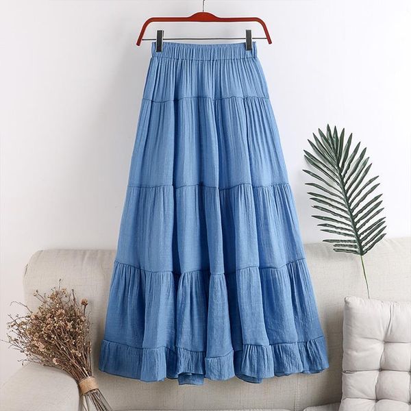 

лето новые плиссированные юбки faldas mujer moda slim solid elastic талия midi юбка лоскутное оборками a-line женщины юбки, Black