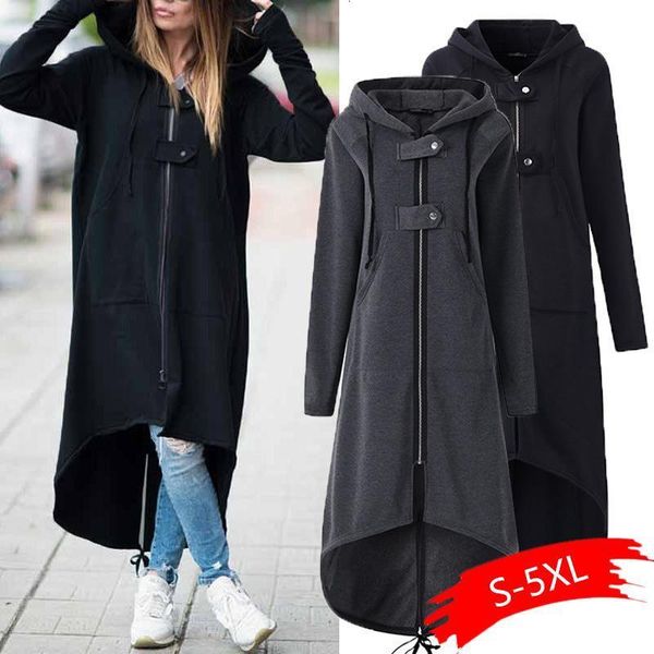 

fashion long sleeve hooded trench coat 2020 autumn black zipper plus size 5xl velvet long coat women overcoat clothes, Tan;black