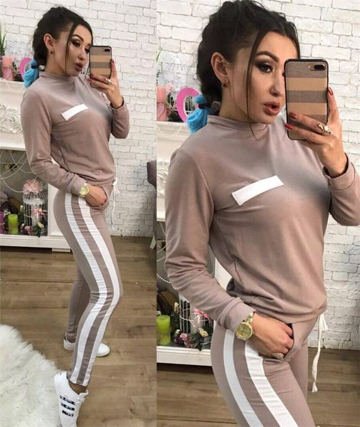 

women's tracksuits women fashion suits polyester full o-neck drawstring lady hit color stripes casual suit two sets of female pullover, Gray