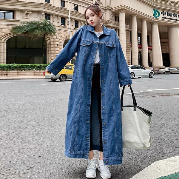 

loose long jacket new spring and autumn denim windbreaker single-breasted ankle length overcoats thin long denim jackets, Black;brown