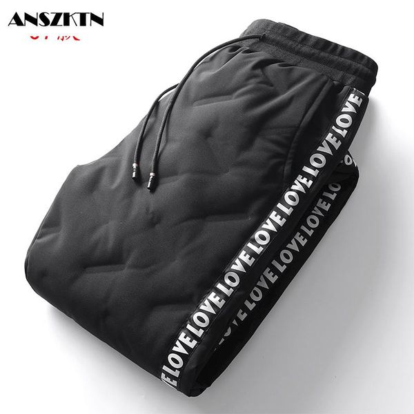 

anszktn down pants for men winter outdoor windproof warm 90 white duck down cotton pants slimming thickened sports casual, Black