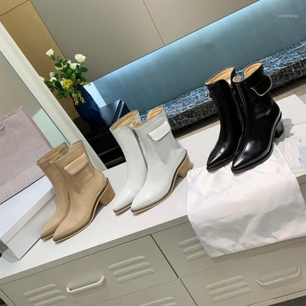 

genuine leather ankle boots women mental chain zipper decor pointed toe square heels fashion designer woman shoes1, Black