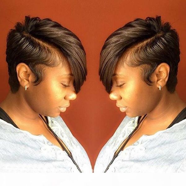 

non full lace human hair wigs for black women brazilian short straight wig natural short bob glueless lace front human hair wigs, Black;brown