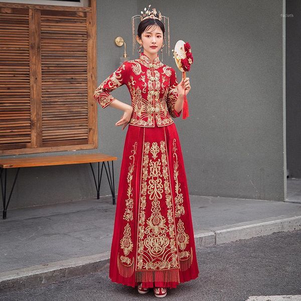 

oriental embroidery bride traditional banquet classic cheongsam chinese style wedding dress china qipao plus size 5xl 6xl1, Red
