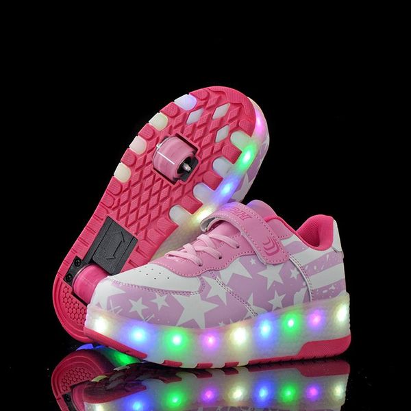 

athletic & outdoor kids boys shoes with two wheels children glowing sneakers led light up for boy girl shining shoe, Black